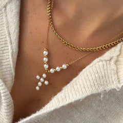 Pearly Blessing Cross Double Layered Necklace