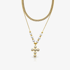 Pearly Blessing Cross Double Layered Necklace